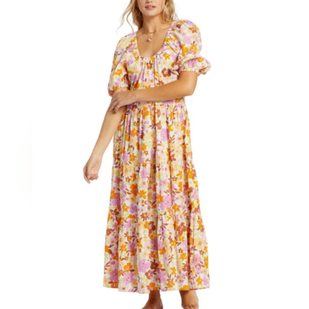Billabong Endless Shore Floral Puff Sleeve Maxi Dress Size Large